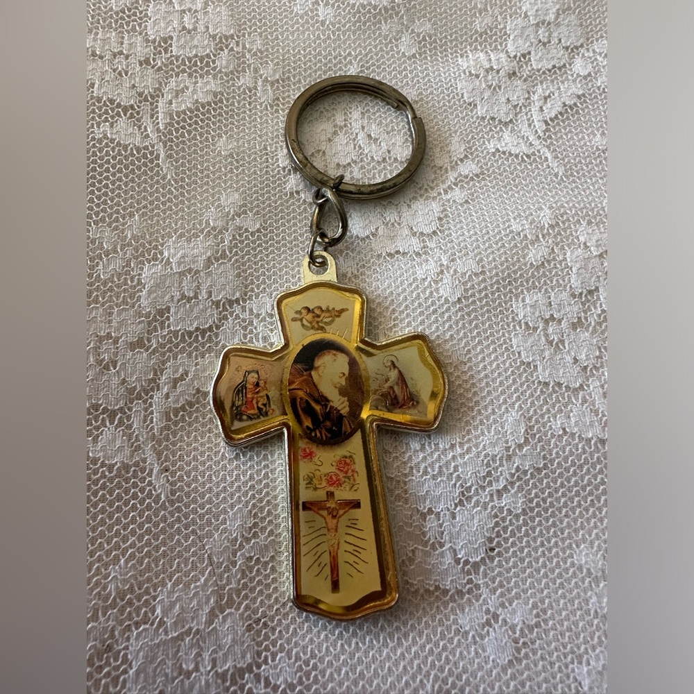 Religious Cross Keychain Padre Pio Gold Tone Medal Keychain